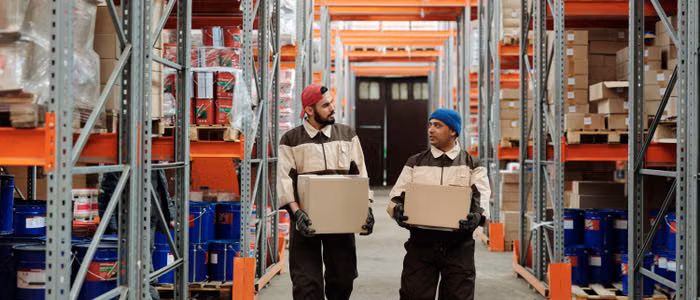 Warehouse workers carrying boxes